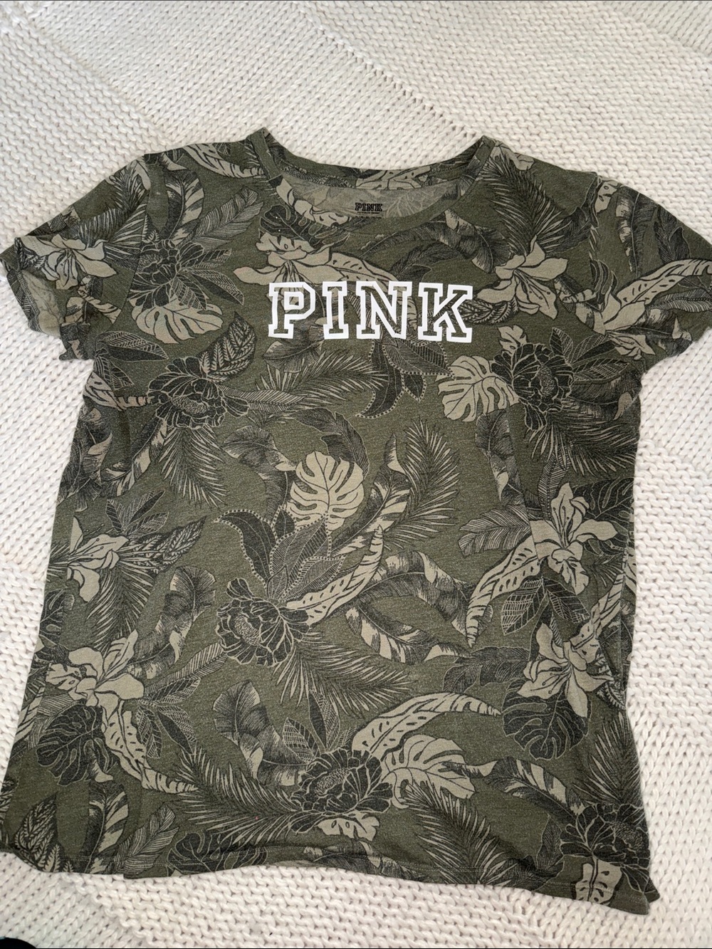 PINK Victoria's Secret Olive Green Tropical Print Tee with White Logo